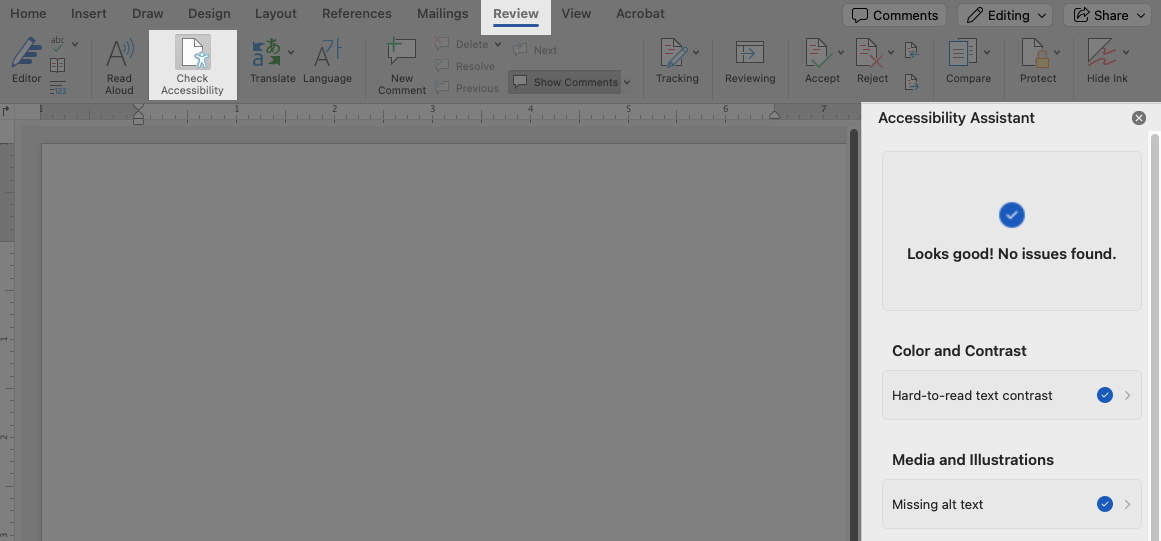 Highlights the Review Tab, Check Accessibility button, and the Accessibility Assistant pane.