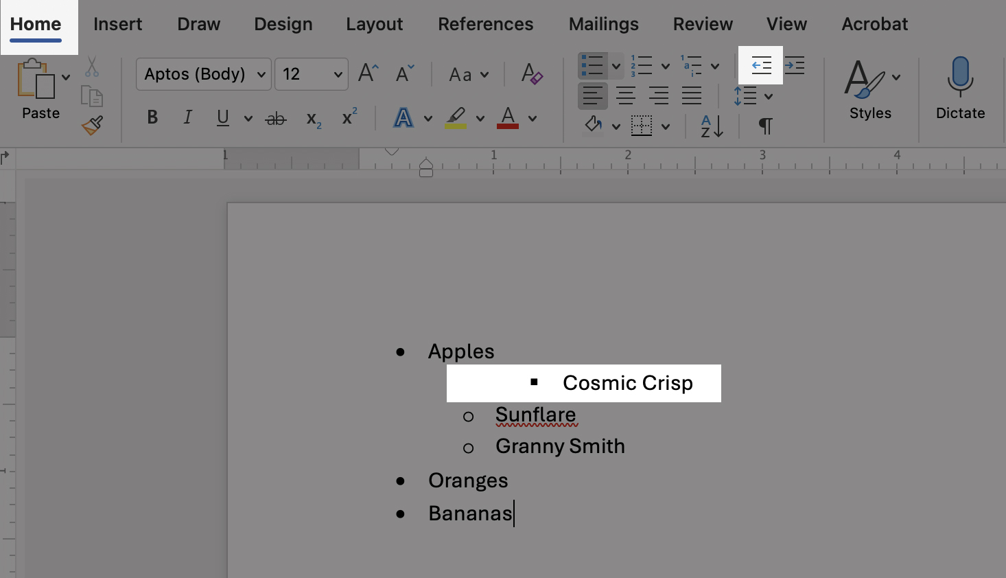 Shows the Home tab, Decrease Indent tab, and list item that needs to decrease the indent.