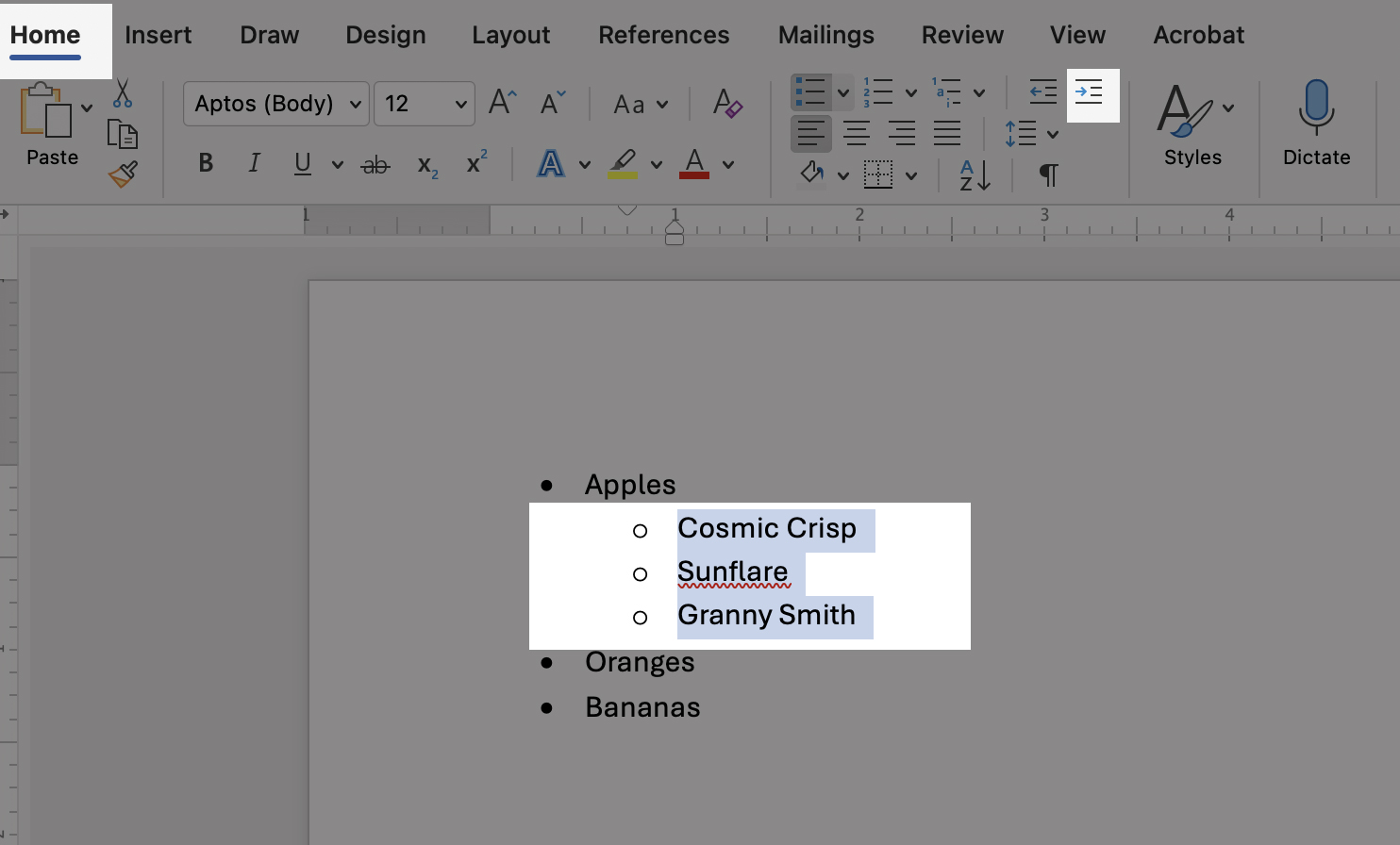 Shows the home tab, indent button, and highlighted list to be indented.