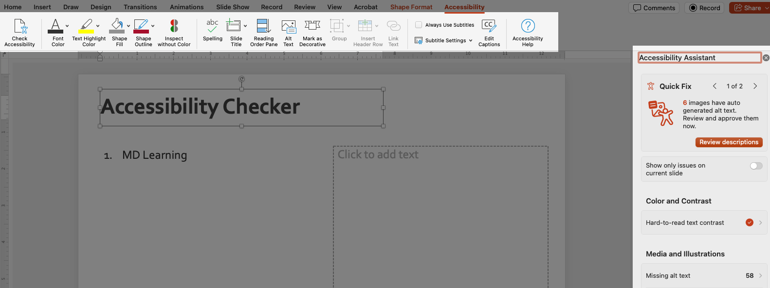Highlighted area shows Accessibility assistant and Accessibility toolbar.