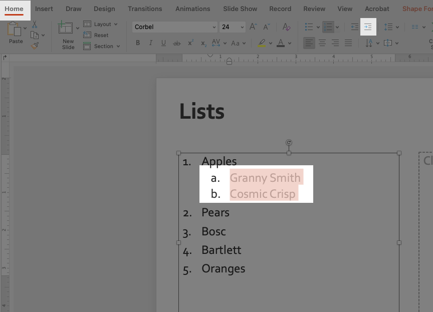 Highlighted area shows Home tab, Increase indent tab, and list items to be indented.