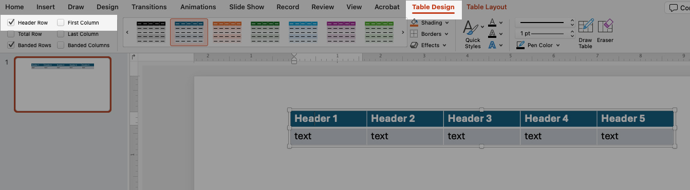 Highlighted areas shows location of Table Design tab and Header Row toggles