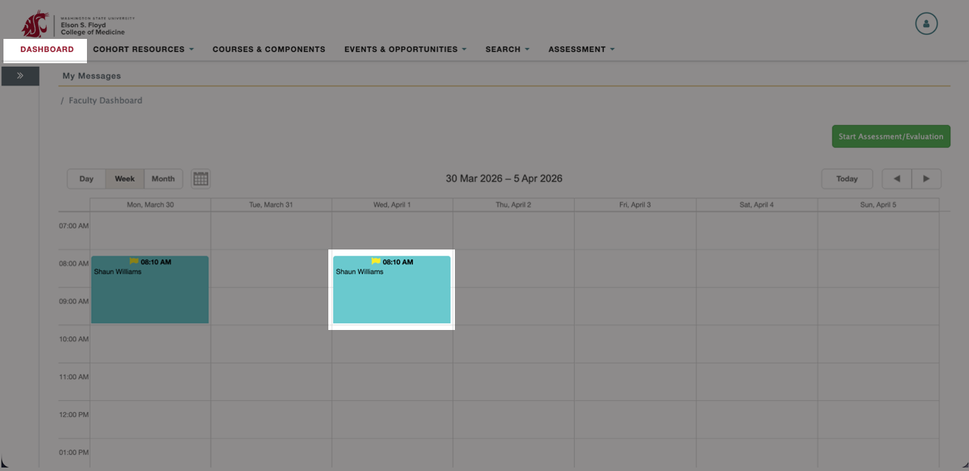 Highlighted area shows location of Dashboard and Learning Event.